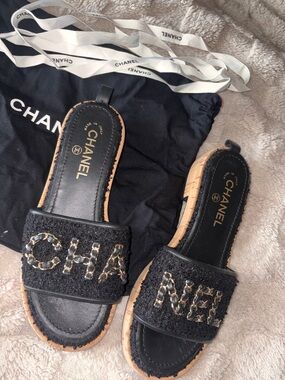CHANEL Black Tweed & Cork Logo Slide Sandals
